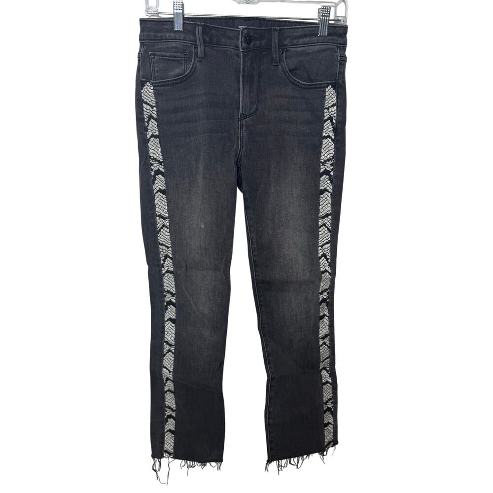 Driftwood Colette Jeans 26 Black Embroidered Side Stripe Boho Frayed Hem‎ Denim